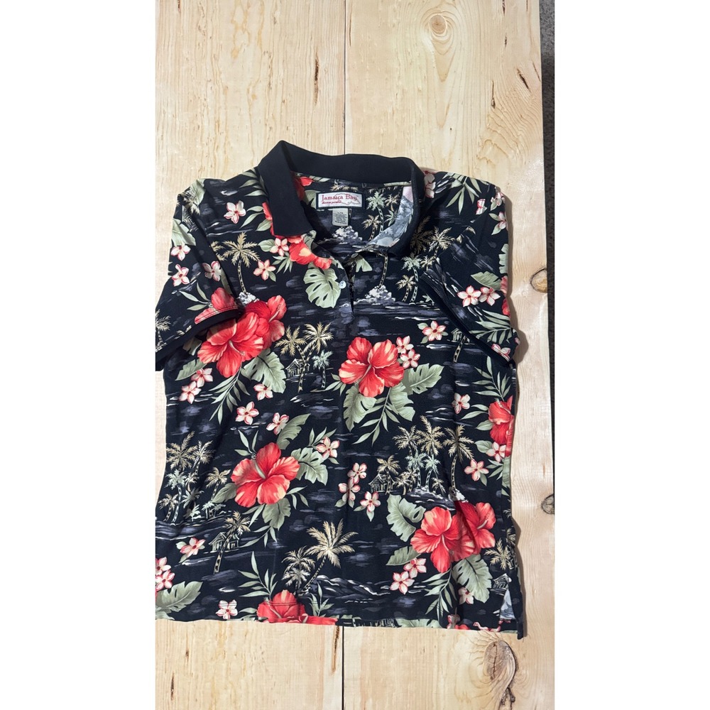 Jamaica Bay Women L Polo Shirt Black‎ Tropical Floral Hibiscus Palm Tree Stretch